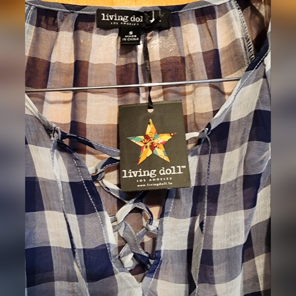 NWT Living Doll Sheer Blue Plaid Top - Picture 6 of 6